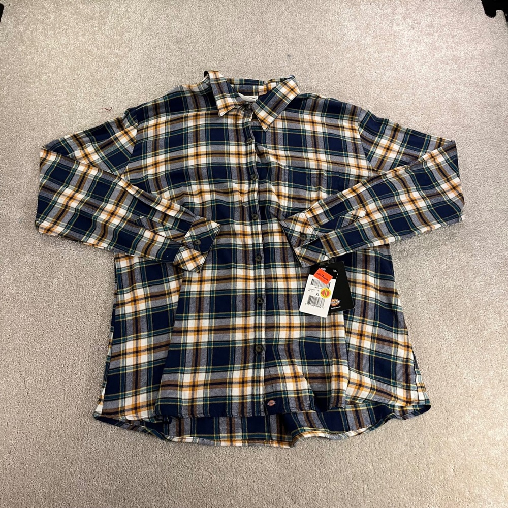Dickies Flannel Shirt Womens XL Navy Yellow Plaid New Button Up Long Sleeve Work